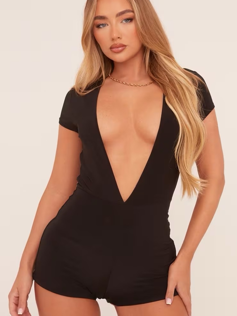 NWT EGO Deep V Black Romper Short Sleeve Plunge Neck Micro Playsuit 6 M shorts